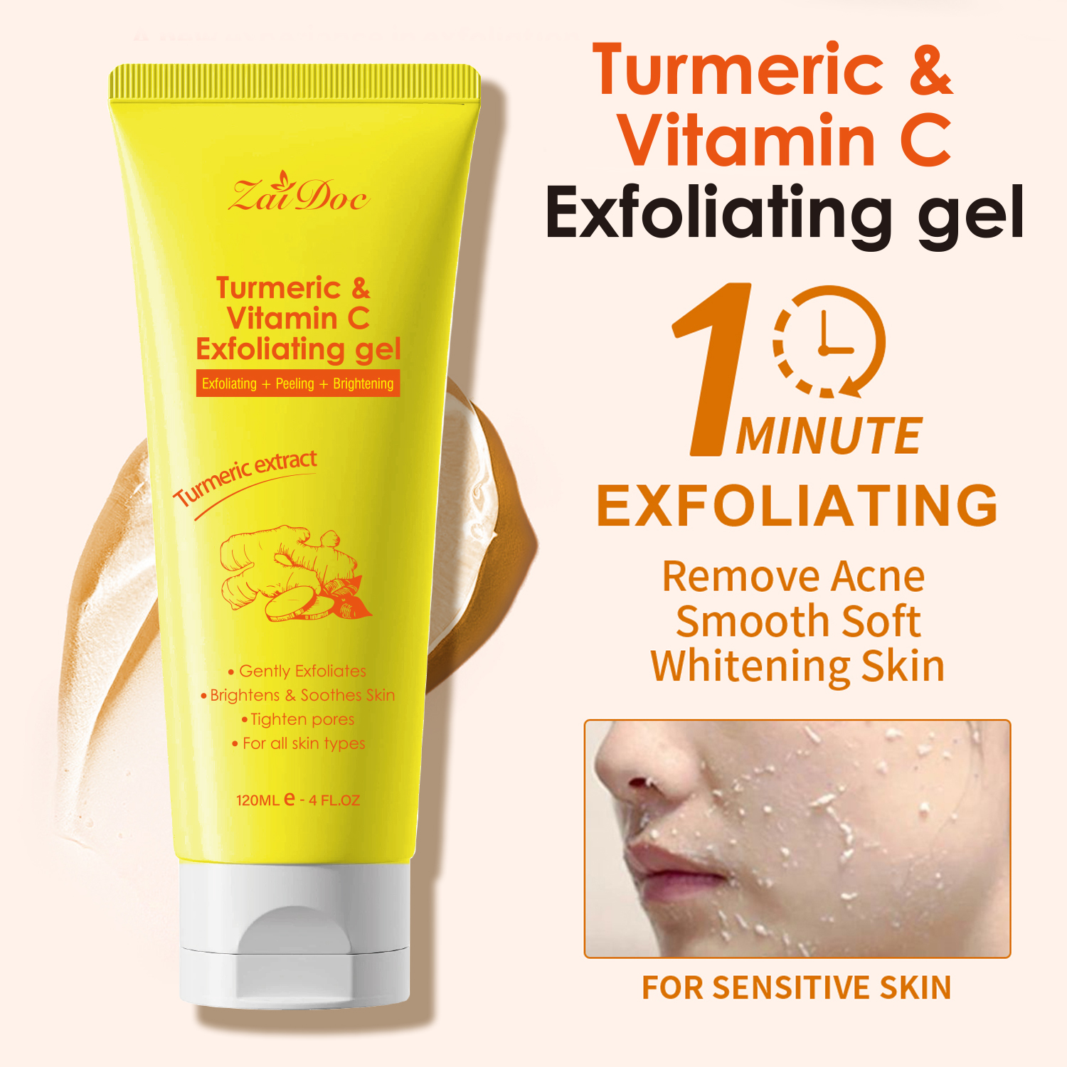 Zaidoc 120ml Turmeric & Vitamin C Exfoliating Gel - Skin Brightening Peeling Gel for Deep Pore Cleaning, Dark Spot Removal & Glowing Skin