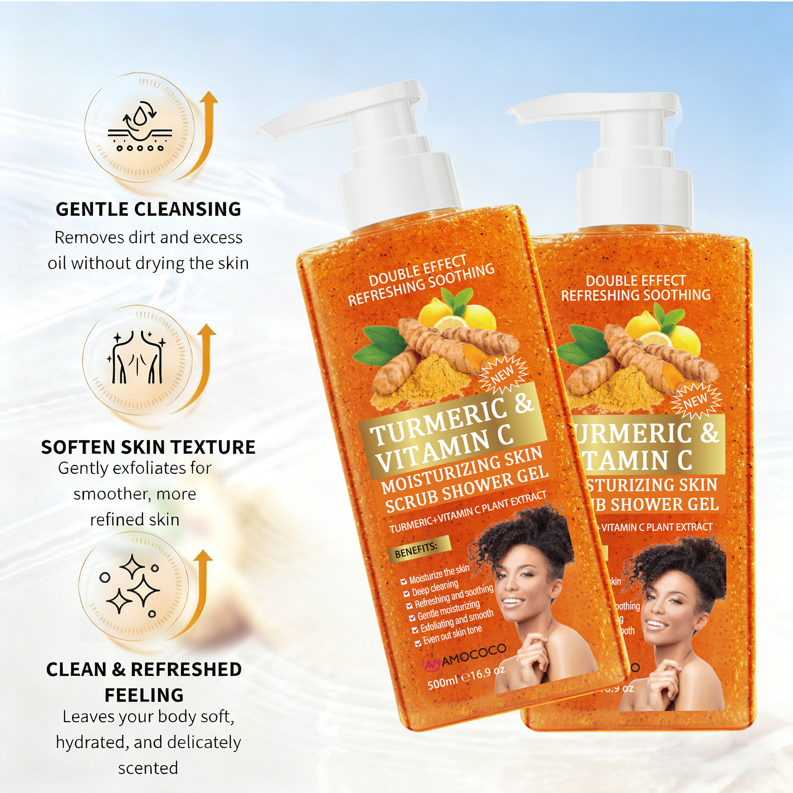 Amococo 500ml Turmeric & Vitamin C Moisturizing Skin Scrub Shower Gel - 2-in-1 Exfoliating & Deep Cleaning Body Wash for Glowing Skin