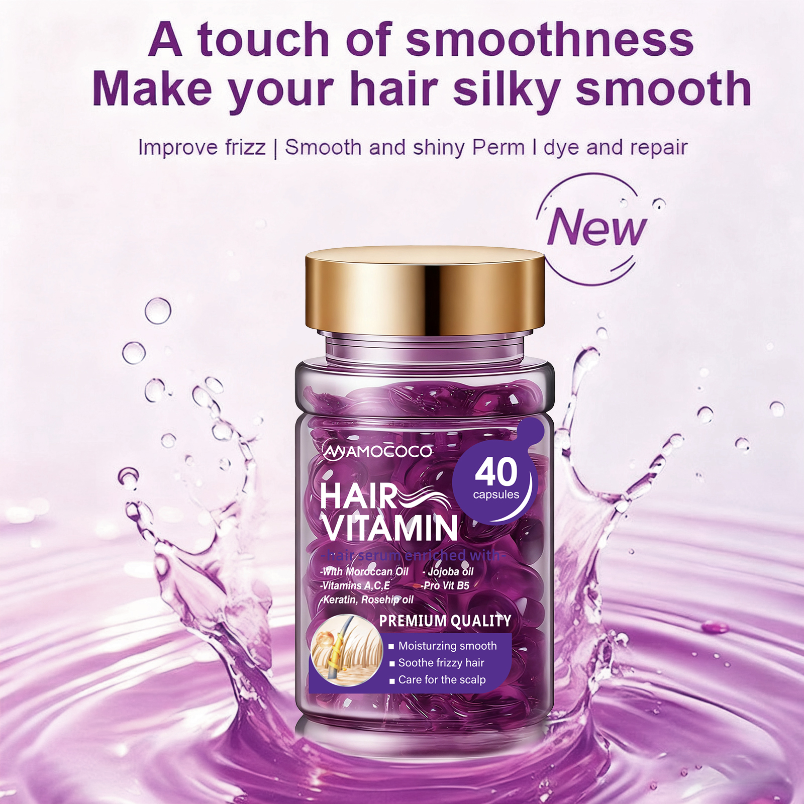 Amococo 40Pcs Hair Vitamin Capsules - Moroccan Argan Oil & Keratin Deep Repair for Dry Damaged Hair, Anti-Breakage & Smoothing Serum with Vitamin A, C, E, B5