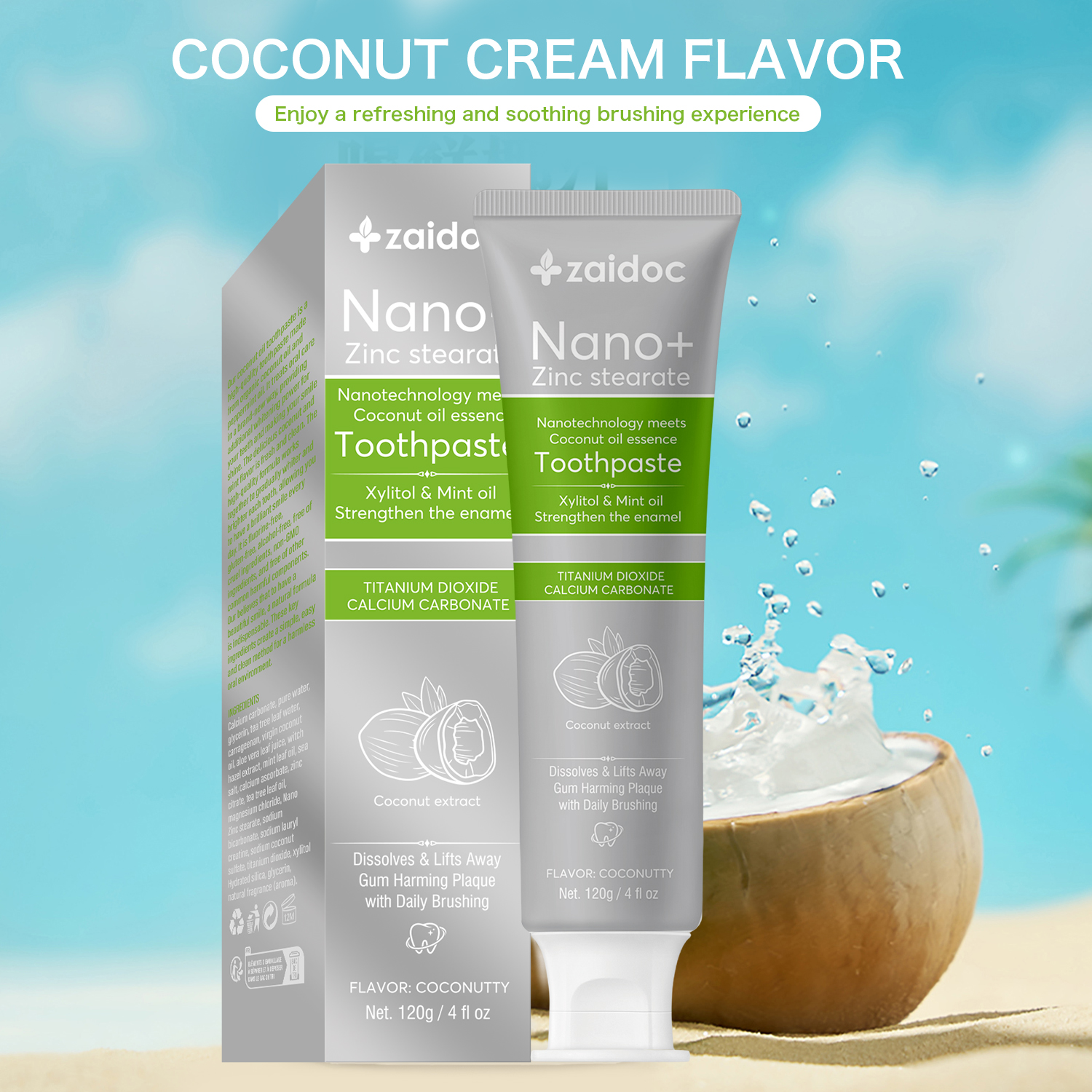 Zaidoc 120g Nano+ Coconut Oil Whitening Toothpaste - Fluoride-Free & Safe for Kids, Natural Stain Remover for Sensitive Gums, Dentist Recommended Oral Care