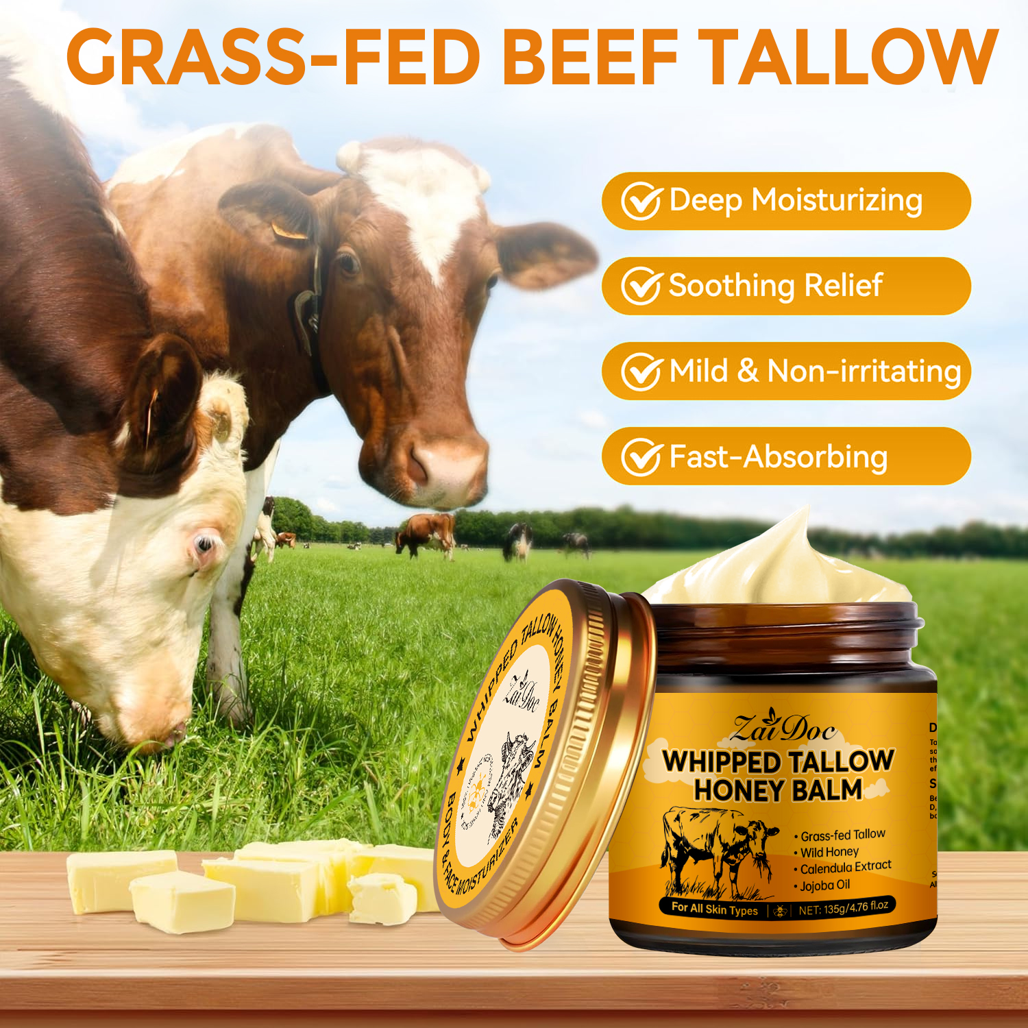 ZaiDoc Natural Whipped Tallow & Honey Balm - 100% Grass-Fed Beef Tallow Moisturizing Cream for Face & Body, Healing Balm for Dry Skin, Eczema & Dark Spots, 24H Deep Glow, 50g & 135g Jumbo