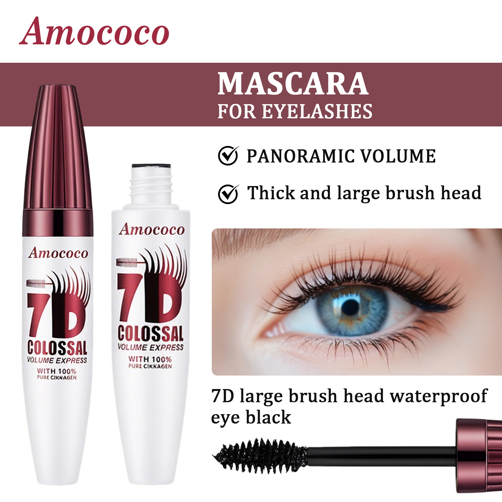Amococo 7D Colossal Volume Express Mascara - Waterproof & Smudge-Proof Eyelash Extension for Long-Lasting Curl & Thick Lashes