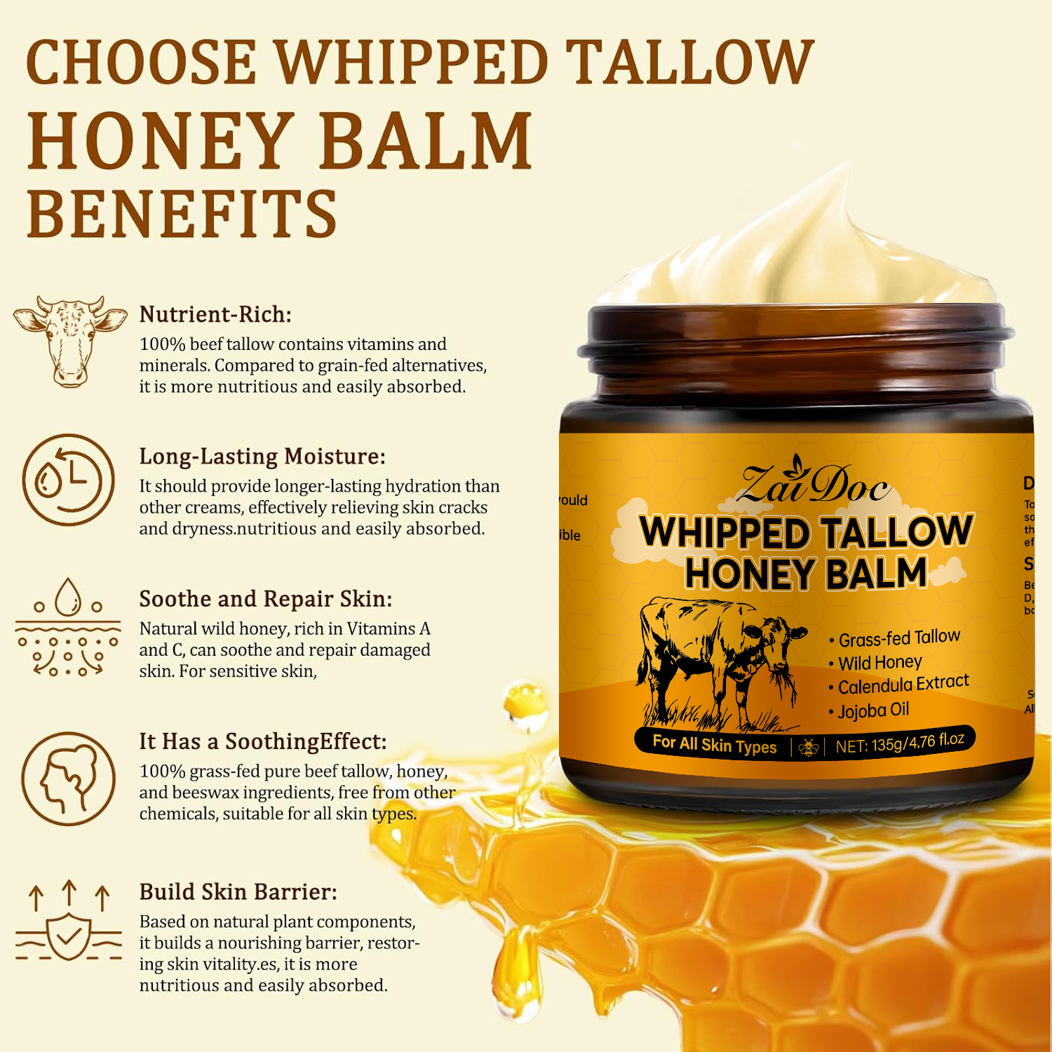 ZaiDoc Natural Whipped Tallow & Honey Balm - 100% Grass-Fed Beef Tallow Moisturizing Cream for Face & Body, Healing Balm for Dry Skin, Eczema & Dark Spots, 24H Deep Glow, 50g & 135g Jumbo