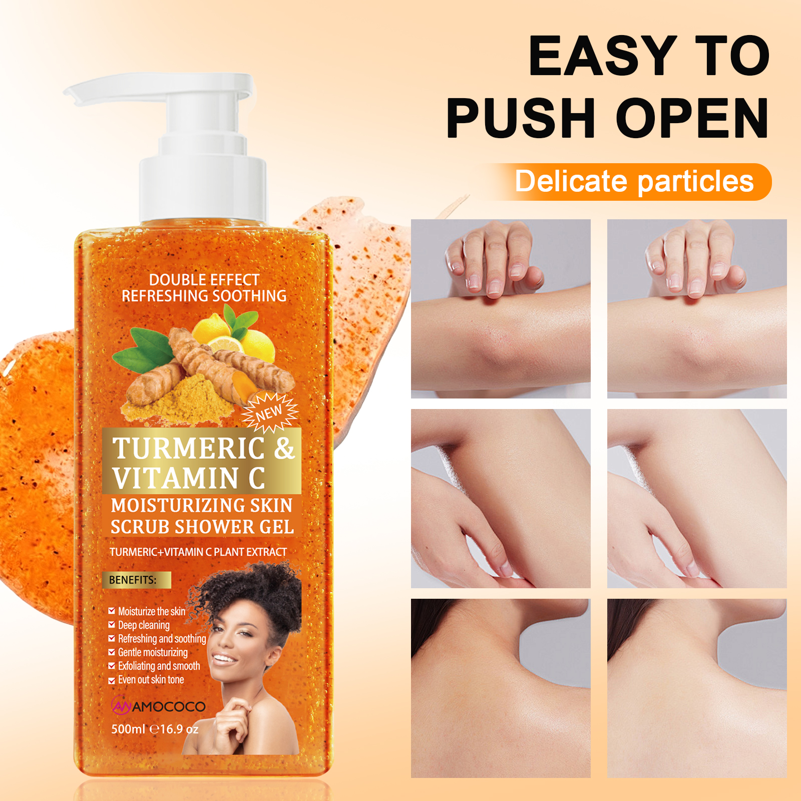Amococo 500ml Turmeric & Vitamin C Moisturizing Skin Scrub Shower Gel - 2-in-1 Exfoliating & Deep Cleaning Body Wash for Glowing Skin