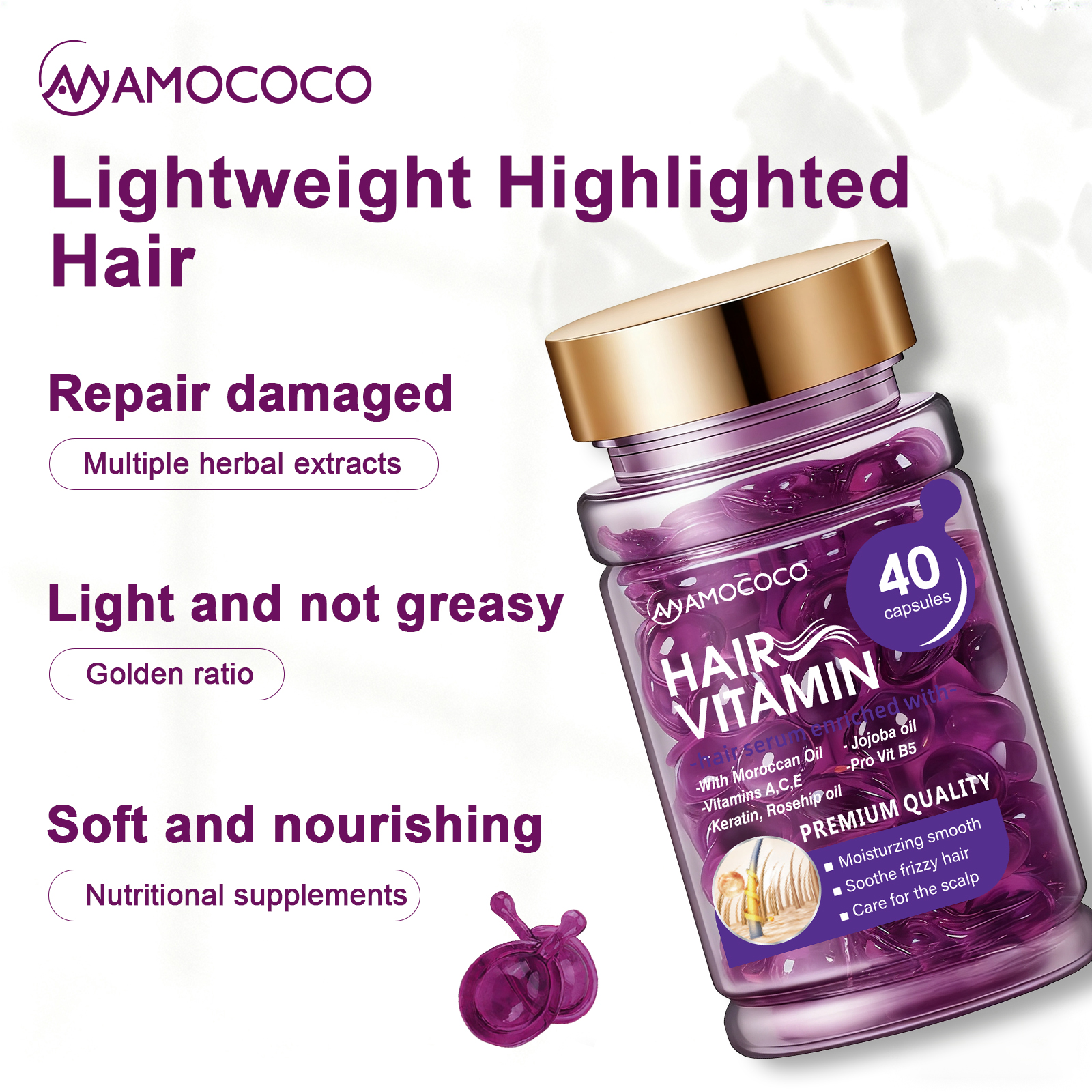 Amococo 40Pcs Hair Vitamin Capsules - Moroccan Argan Oil & Keratin Deep Repair for Dry Damaged Hair, Anti-Breakage & Smoothing Serum with Vitamin A, C, E, B5