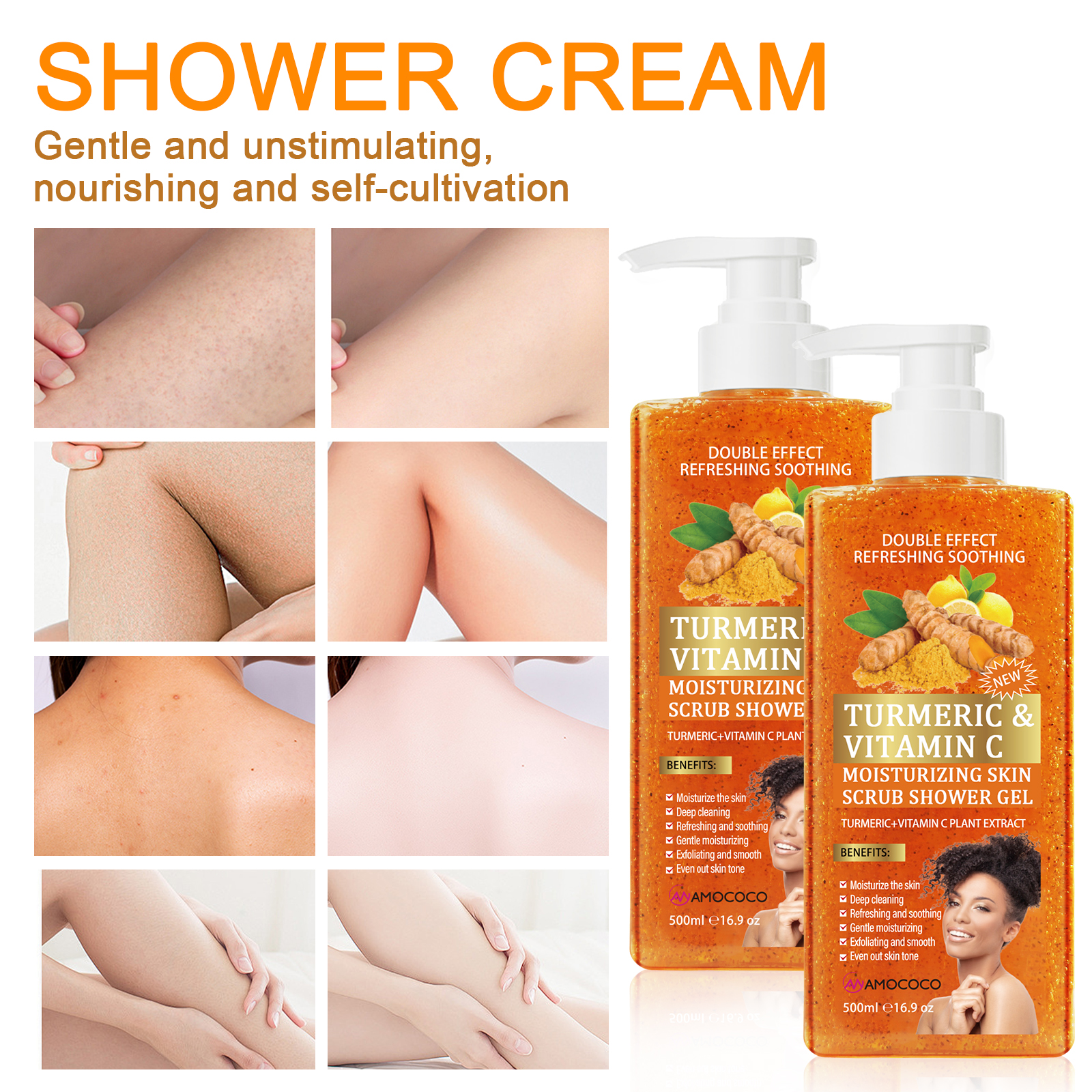 Amococo 500ml Turmeric & Vitamin C Moisturizing Skin Scrub Shower Gel - 2-in-1 Exfoliating & Deep Cleaning Body Wash for Glowing Skin