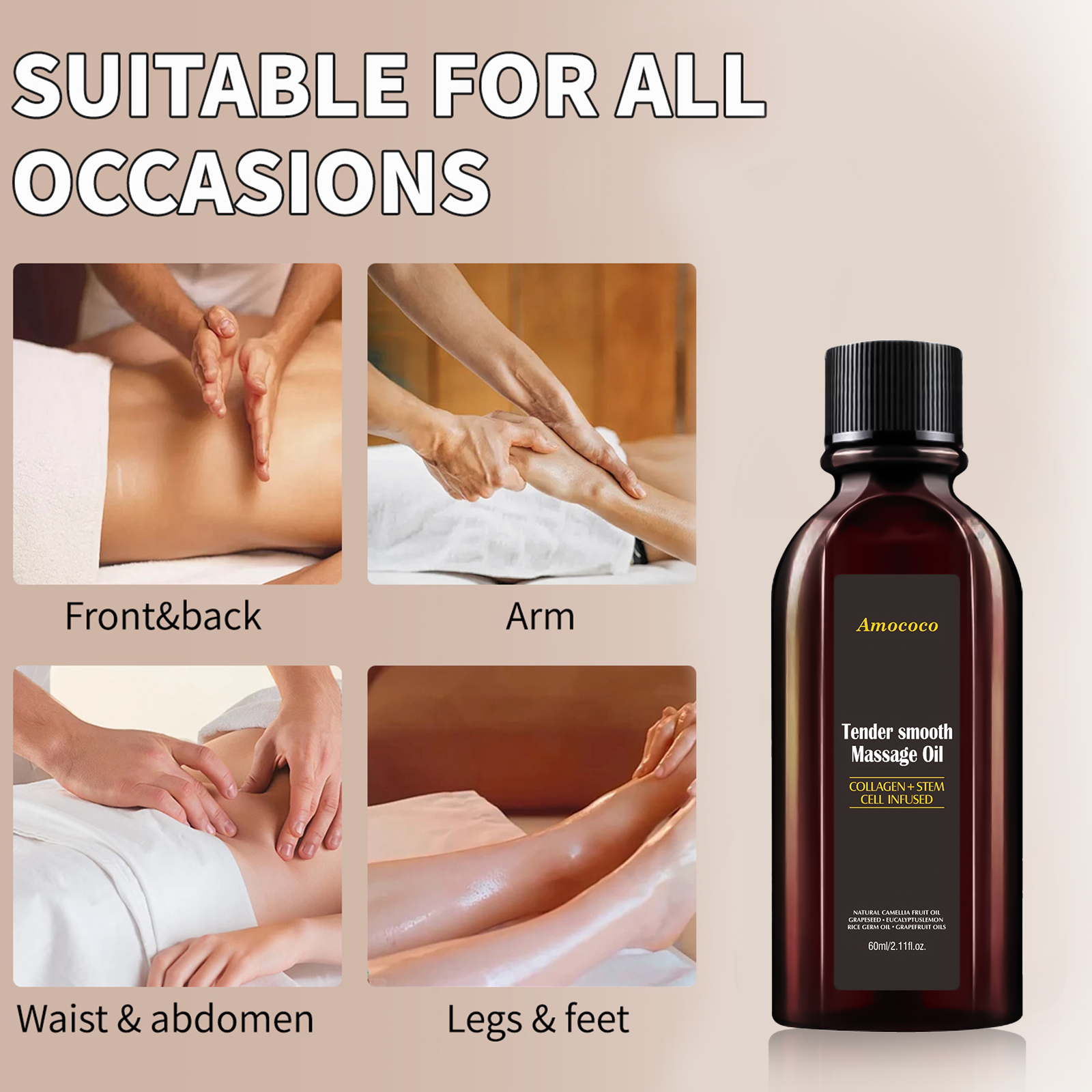 amococo Anti Cellulite Massage Oil with Collagen & Grapefruit Essential Oil – Firming & Toning Body Oil for Legs Thighs Buttocks, Smooths Skin & Improves Texture, Non Greasy Fast Absorbing