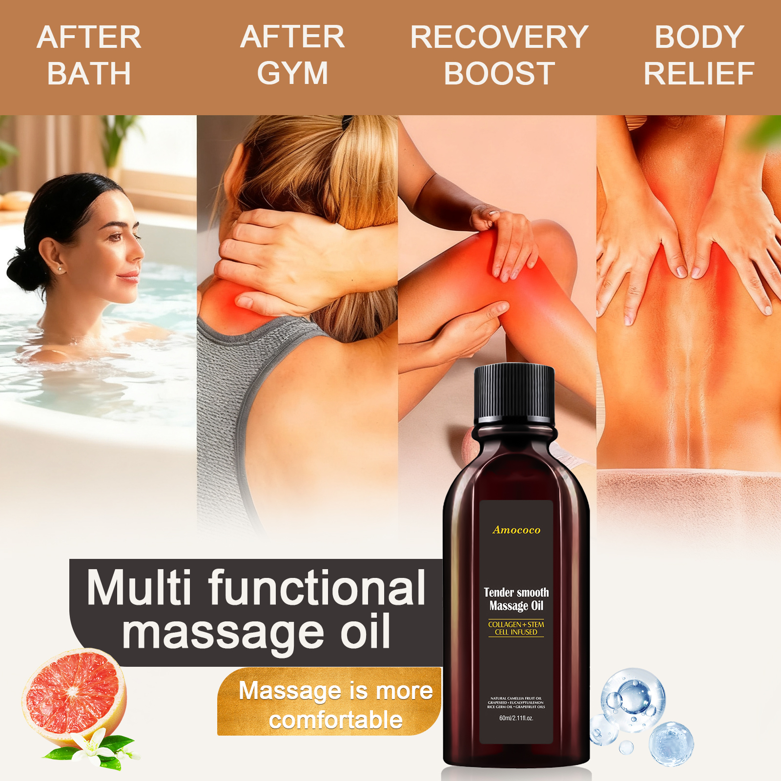 amococo Anti Cellulite Massage Oil with Collagen & Grapefruit Essential Oil – Firming & Toning Body Oil for Legs Thighs Buttocks, Smooths Skin & Improves Texture, Non Greasy Fast Absorbing