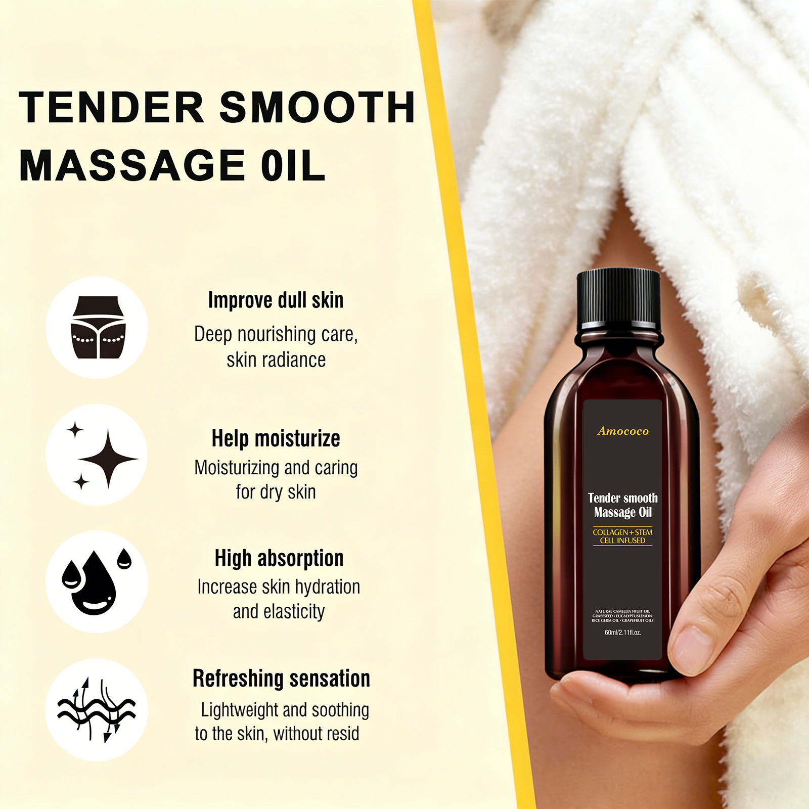 amococo Anti Cellulite Massage Oil with Collagen & Grapefruit Essential Oil – Firming & Toning Body Oil for Legs Thighs Buttocks, Smooths Skin & Improves Texture, Non Greasy Fast Absorbing