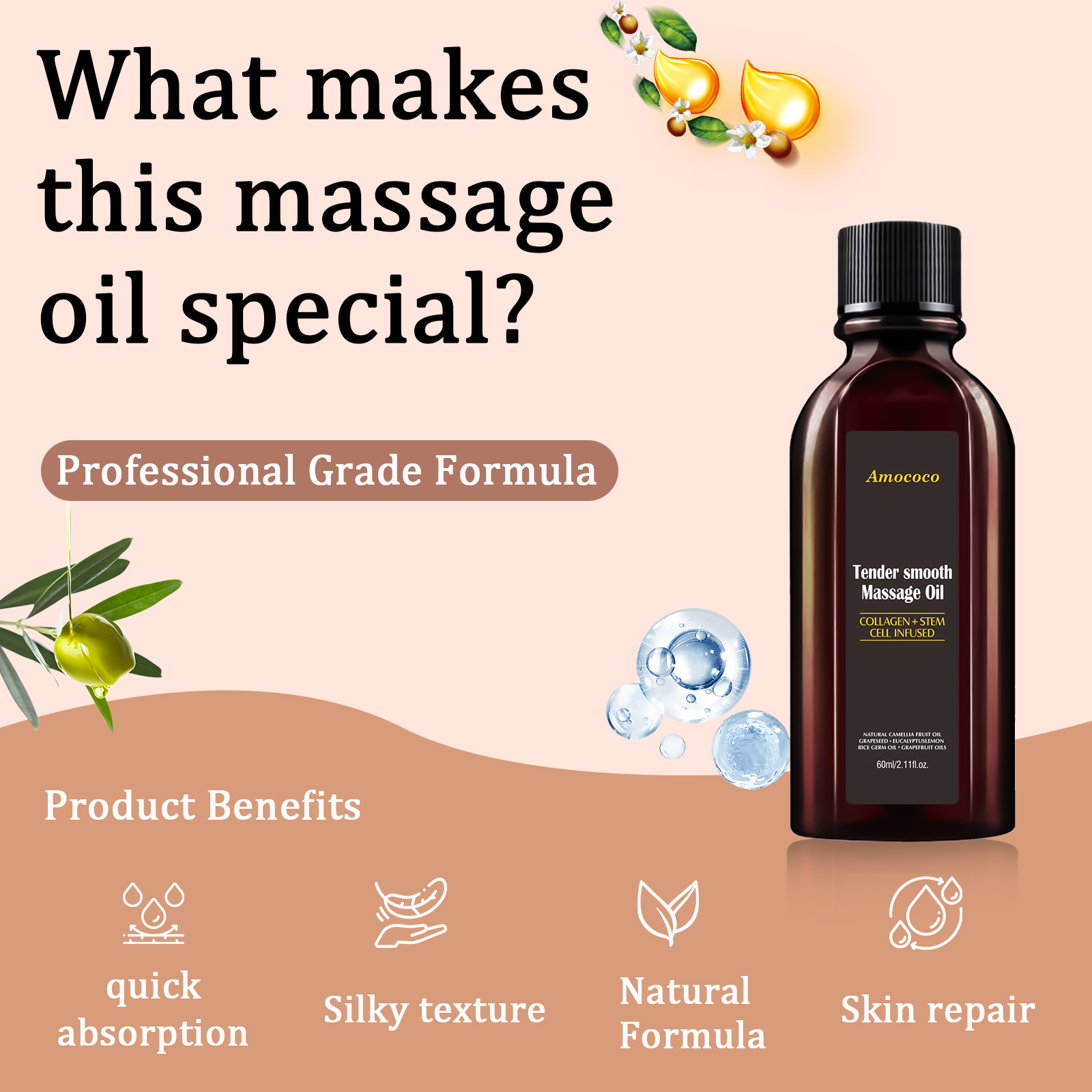 amococo Anti Cellulite Massage Oil with Collagen & Grapefruit Essential Oil – Firming & Toning Body Oil for Legs Thighs Buttocks, Smooths Skin & Improves Texture, Non Greasy Fast Absorbing