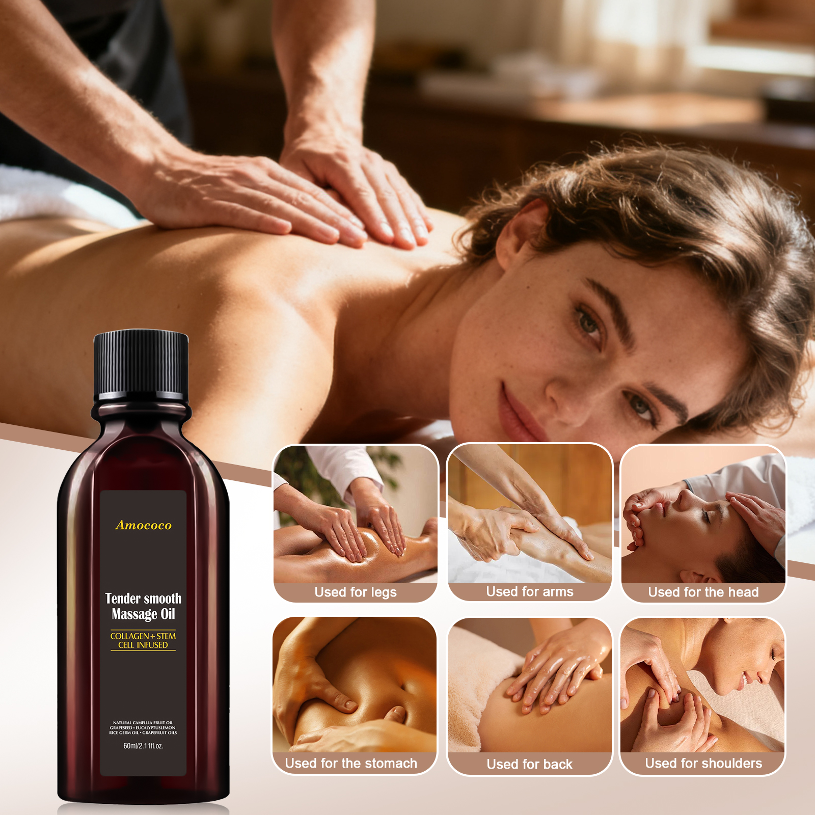 amococo Anti Cellulite Massage Oil with Collagen & Grapefruit Essential Oil – Firming & Toning Body Oil for Legs Thighs Buttocks, Smooths Skin & Improves Texture, Non Greasy Fast Absorbing