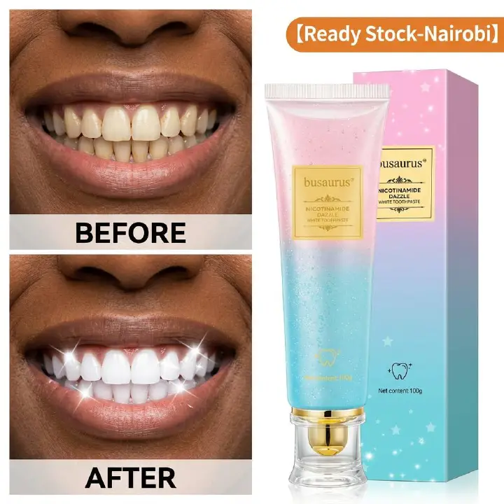 Busaurus Nicotinamide Dazzle Whitening Toothpaste 100g - Blue & Pink Starry Texture, Professional Teeth Brightening, Fresh Mint Breath, Remove Stains & Oral Odor