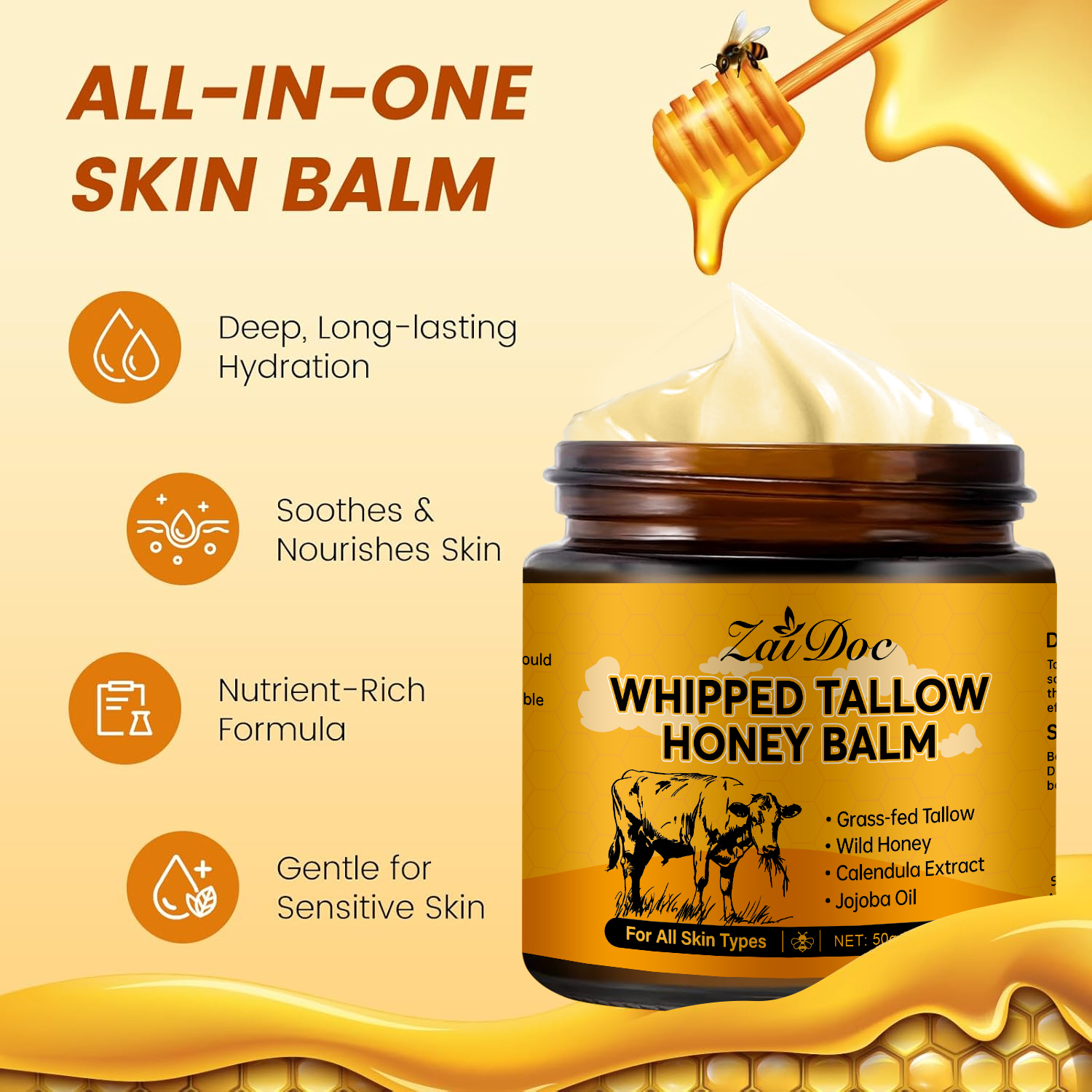 ZaiDoc Natural Whipped Tallow & Honey Balm - 100% Grass-Fed Beef Tallow Moisturizing Cream for Face & Body, Healing Balm for Dry Skin, Eczema & Dark Spots, 24H Deep Glow, 50g & 135g Jumbo