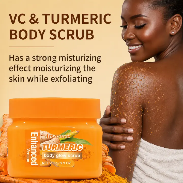 Amococo 280g Turmeric Body Glow Scrub - Deep Exfoliating & Brightening Salt Scrub for Dark Spots, Acne & Smooth Skin, Natural Skin Whitening Treatment