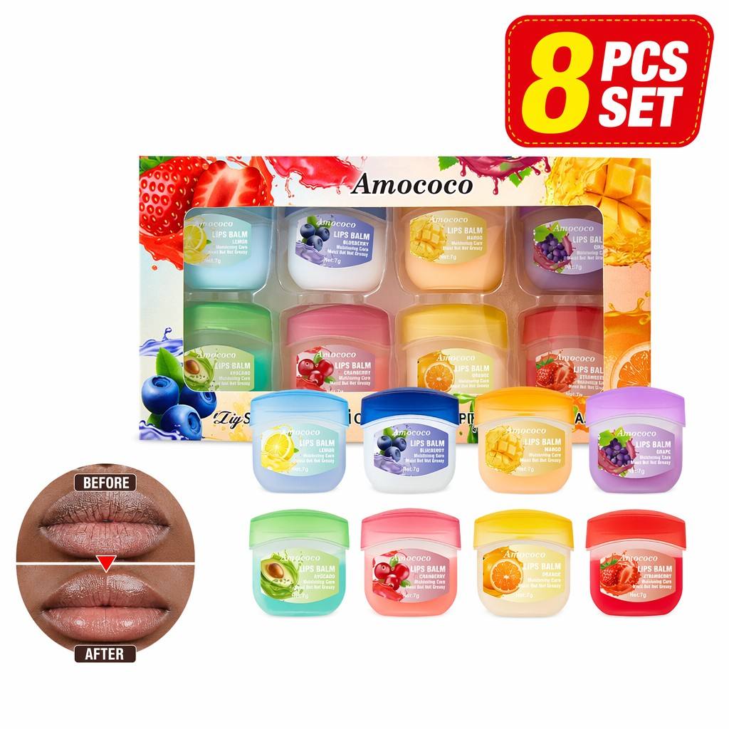 Amococo 8-Pack Lip Balm Family Set - 8 Mixed Fruit Flavors, Natural Moisturizing & Repair for Dry Cracked Lips, Best Value 8 Pcs Gift Kit for Kids & Adults