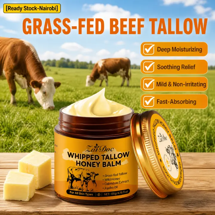 ZaiDoc Natural Whipped Tallow & Honey Balm - 100% Grass-Fed Beef Tallow Moisturizing Cream for Face & Body, Healing Balm for Dry Skin, Eczema & Dark Spots, 24H Deep Glow, 50g & 135g Jumbo