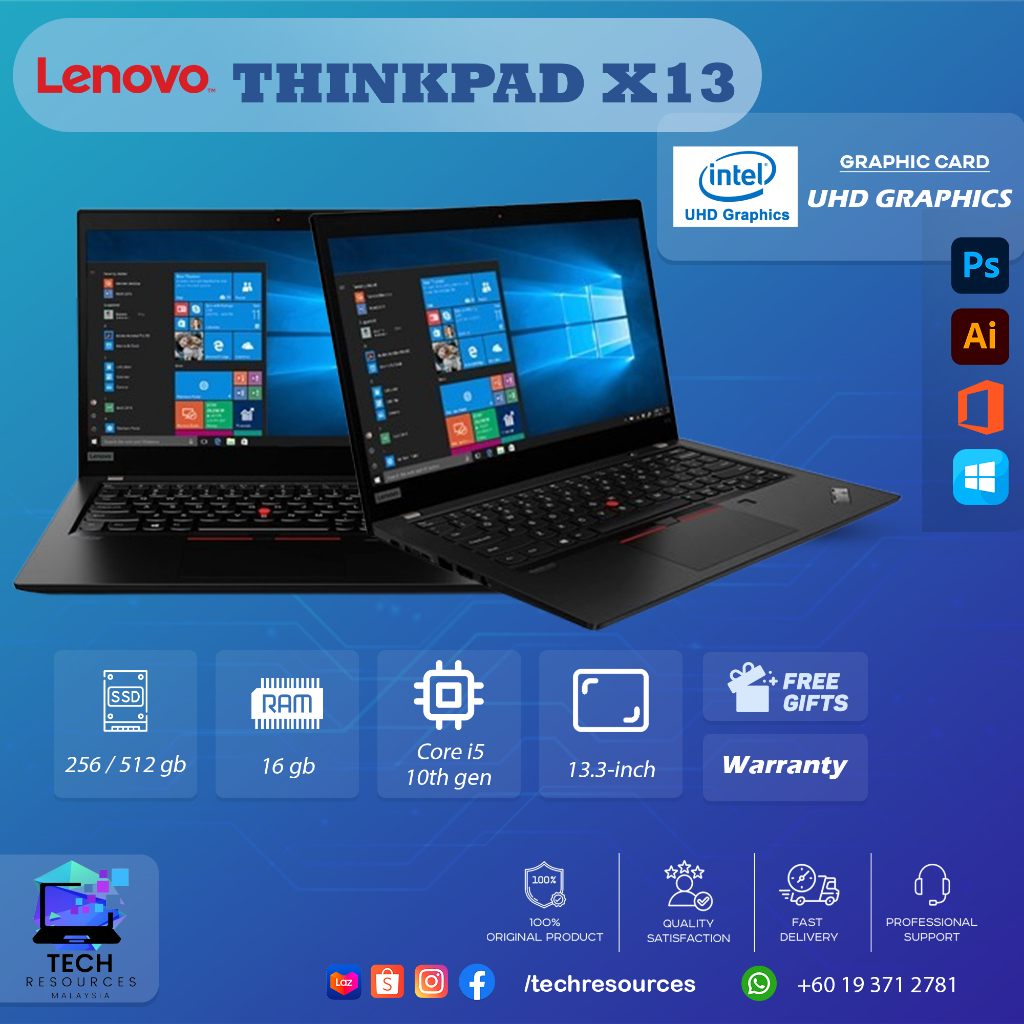 (Special Offer) Lenovo Thinkpad x13, Intel Core i5 10th Generation 16GB RAM 256GB SSD 13.3" Screen Windows 10 Microsoft Office Installed Refurbished Laptop Notebook Laptop (6 Months WARRANTY)