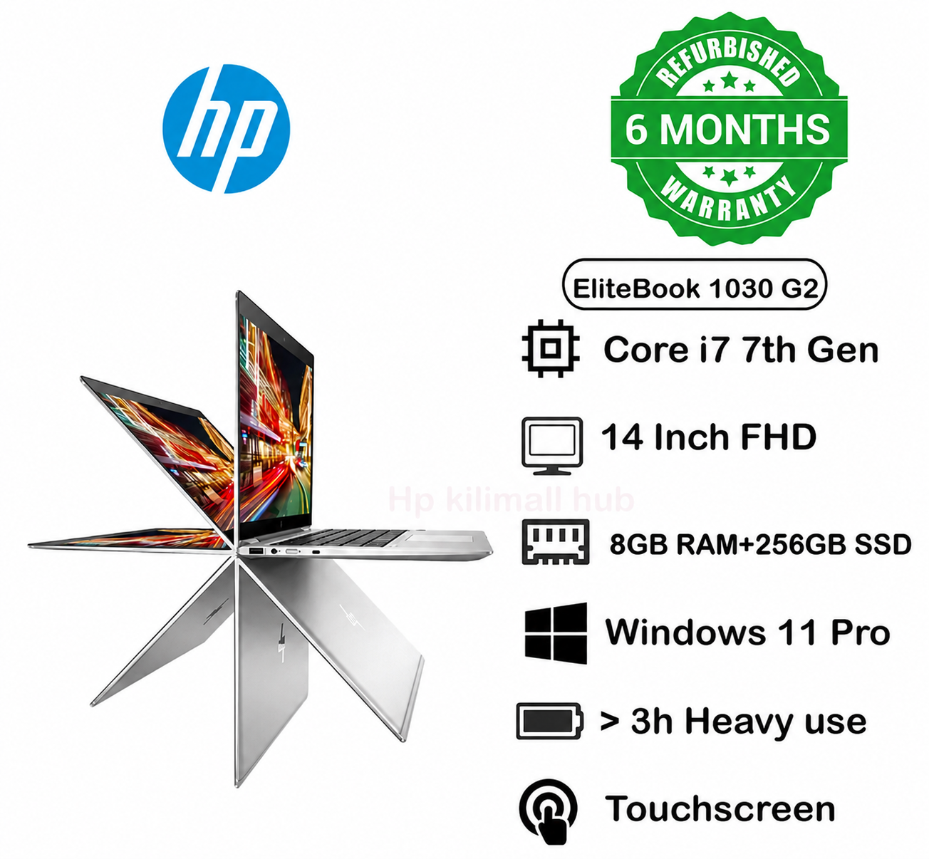 (FREE MOUSE) Refurbbished HP EliteBook x360 1030 G2 Intel Core i7 7th Gen 8GB RAM 256GB SSD 13.3 Inches FHD Multi-Touch Display REFURBISHED LAPTOP X360 INSTALLED WINDOWS 11 PRO
