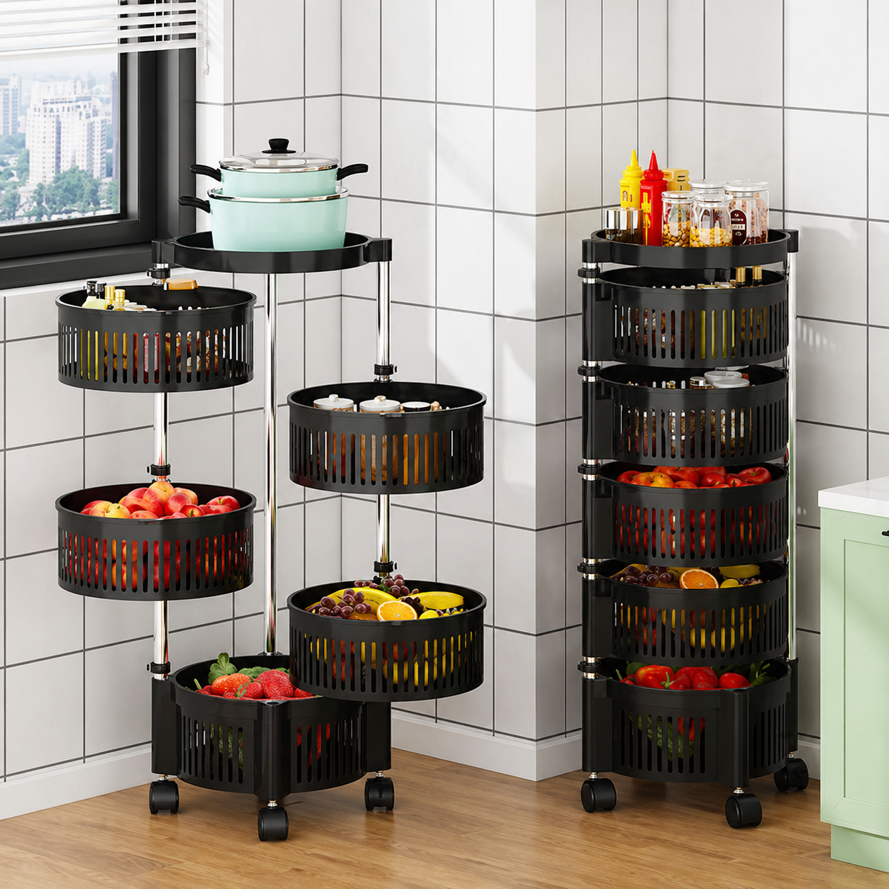Brand New 5 Layer Fruit Rack Rotating Multi-Layer Round Kitchen Stand | Smart, space-saving design for organized and easy access storage.