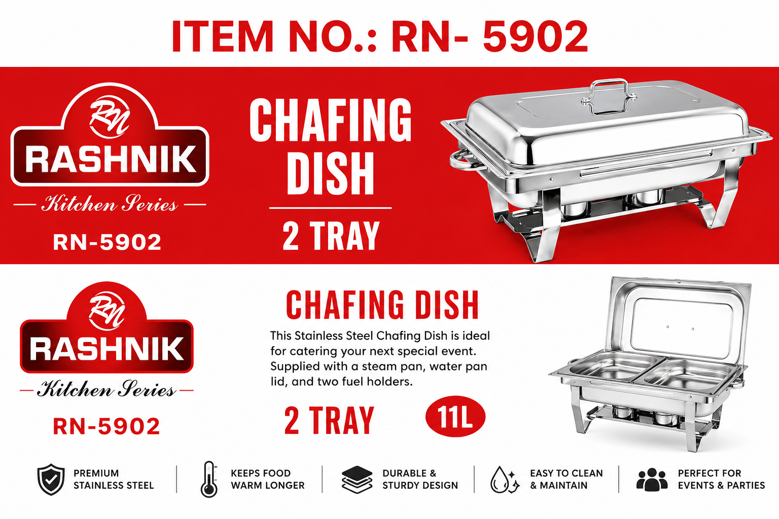 Rashnik Stainless steel 11L Chaffing Dishes - Double Tray | Built for quality, convenience, and professional food presentation.