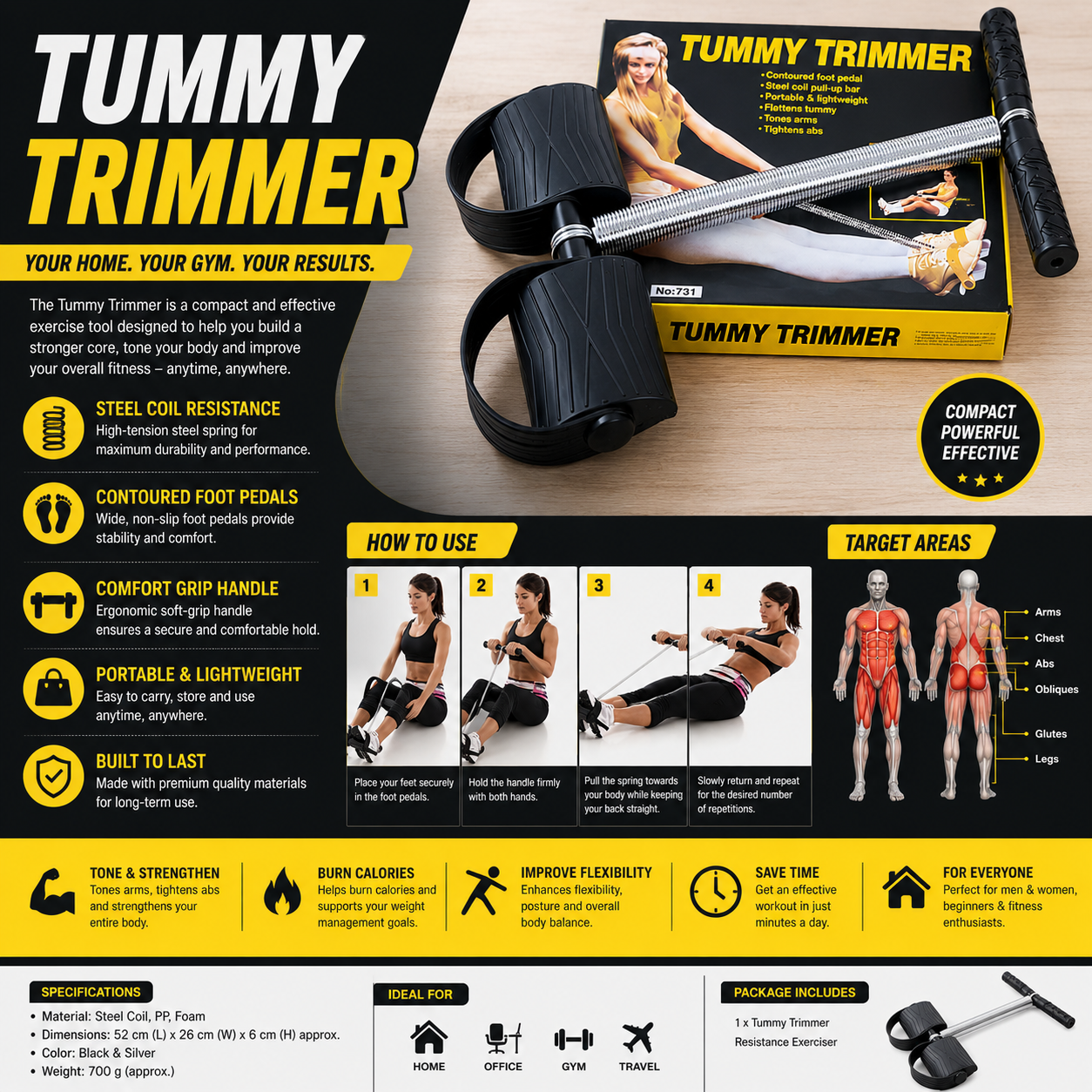 Tummy Trimmer Abs Workout Equipment for Men and Women Waist Trimming, Bicep, Body Toner, Waist Fat Buster | Portable Resistance Trainer for Abs, Arms, Chest & Full Body Fitness.