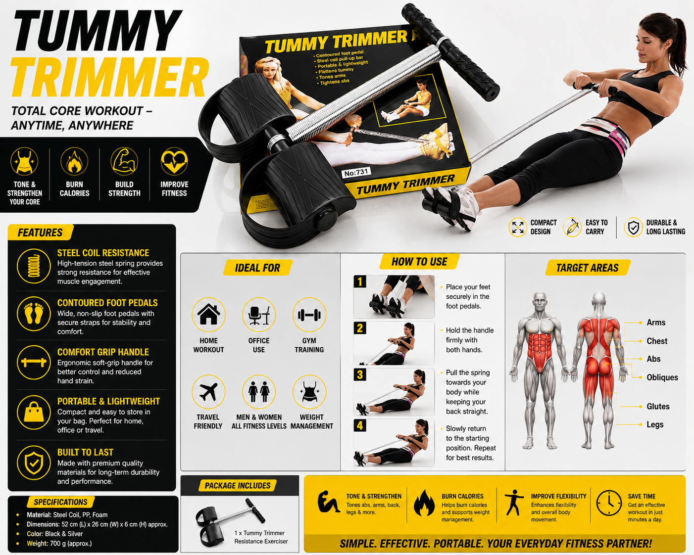 Tummy Trimmer Abs Workout Equipment for Men and Women Waist Trimming, Bicep, Body Toner, Waist Fat Buster | Portable Resistance Trainer for Abs, Arms, Chest & Full Body Fitness.