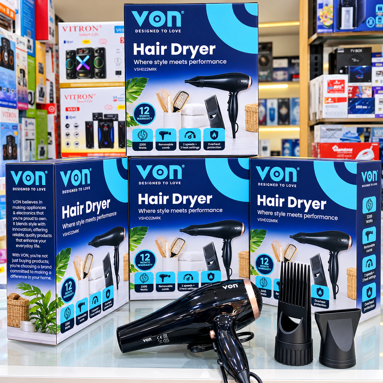 ✨ Brand New Von Hair Dryer | 2200W Powerful Performance | 2 Speeds | 3 Heat Settings | Overheat Protection | 12-Month Warranty | Dry Faster. Style Smarter. Look Your Best!