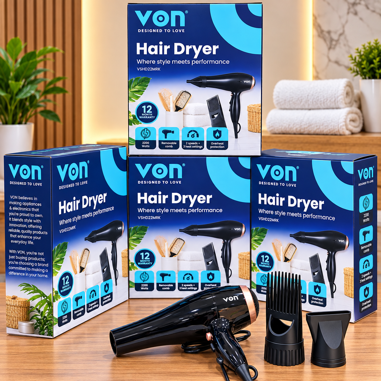 ✨ Brand New Von Hair Dryer | 2200W Powerful Performance | 2 Speeds | 3 Heat Settings | Overheat Protection | 12-Month Warranty | Dry Faster. Style Smarter. Look Your Best!