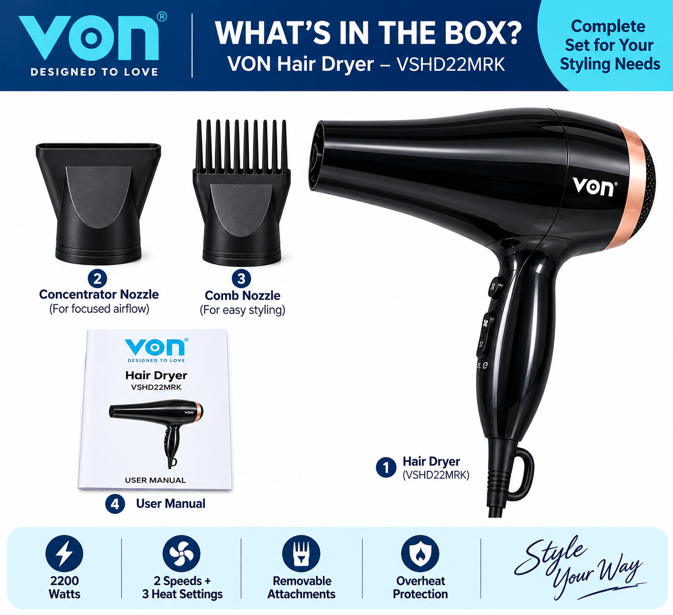 ✨ Brand New Von Hair Dryer | 2200W Powerful Performance | 2 Speeds | 3 Heat Settings | Overheat Protection | 12-Month Warranty | Dry Faster. Style Smarter. Look Your Best!