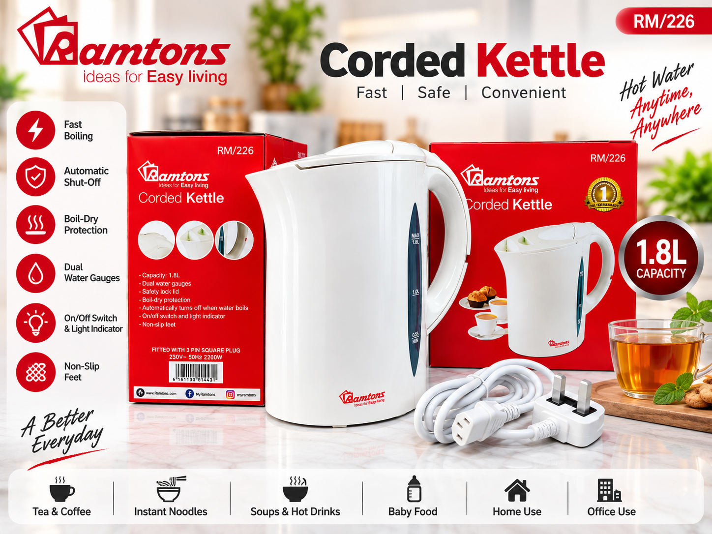 🔥Brand New Ramtons Electric Kettle 1.7L Large Capacity | 2200W Powerful Heating | Automatic Shut-Off | Perfect for Tea, Coffee, Noodles & Everyday Home Use.