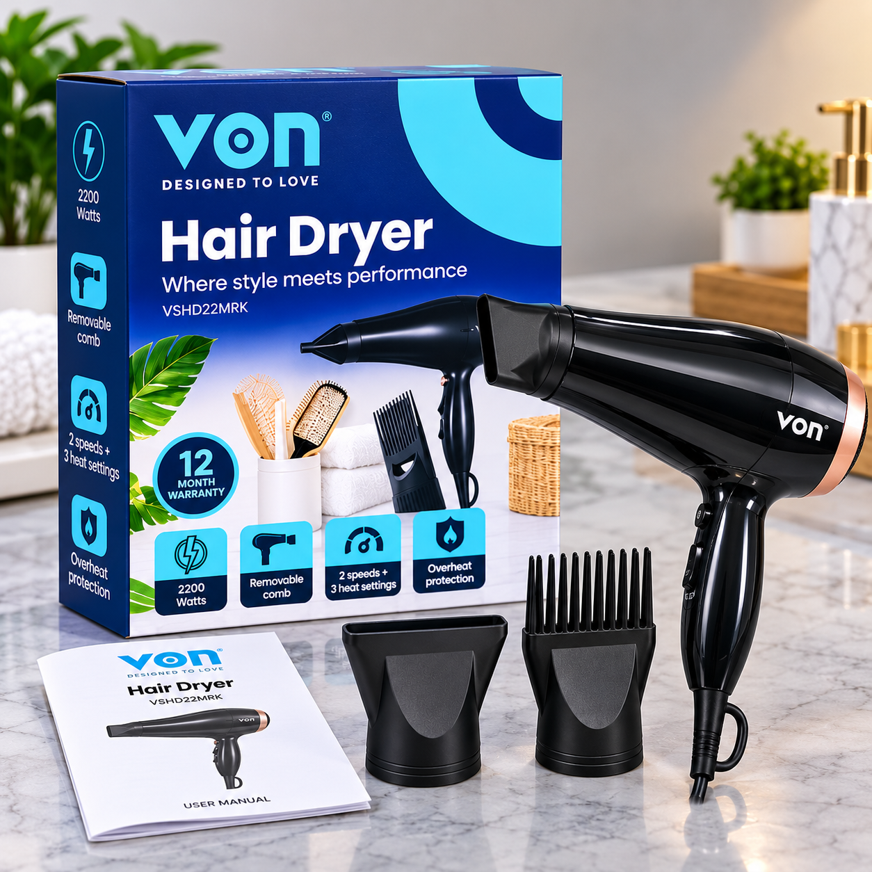 ✨ Brand New Von Hair Dryer | 2200W Powerful Performance | 2 Speeds | 3 Heat Settings | Overheat Protection | 12-Month Warranty | Dry Faster. Style Smarter. Look Your Best!