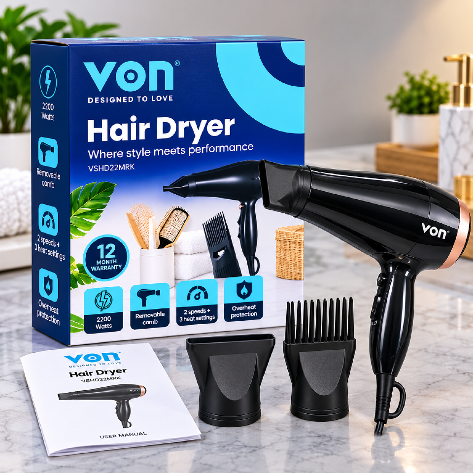 ✨ Brand New Von Hair Dryer | 2200W Powerful Performance | 2 Speeds | 3 Heat Settings | Overheat Protection | 12-Month Warranty | Dry Faster. Style Smarter. Look Your Best!