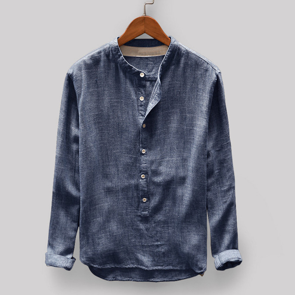 New men's explosions solid color cotton and linen men's long sleeve shirt