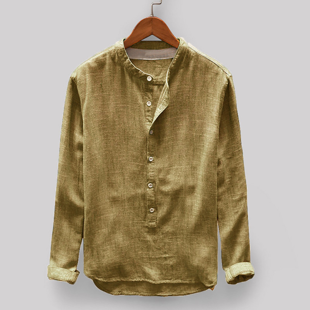 New men's explosions solid color cotton and linen men's long sleeve shirt