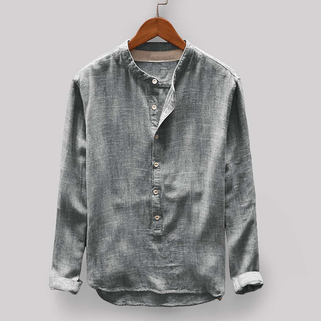 New men's explosions solid color cotton and linen men's long sleeve shirt
