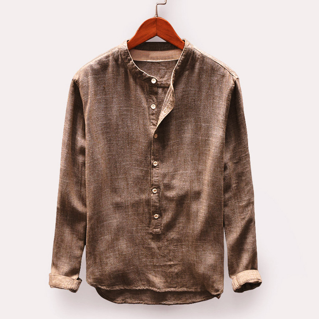 New men's explosions solid color cotton and linen men's long sleeve shirt