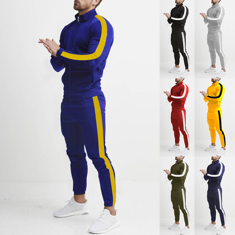 Spring and autumn new men's long-sleeved trousers leisure sports suit splicing stand collar slim.