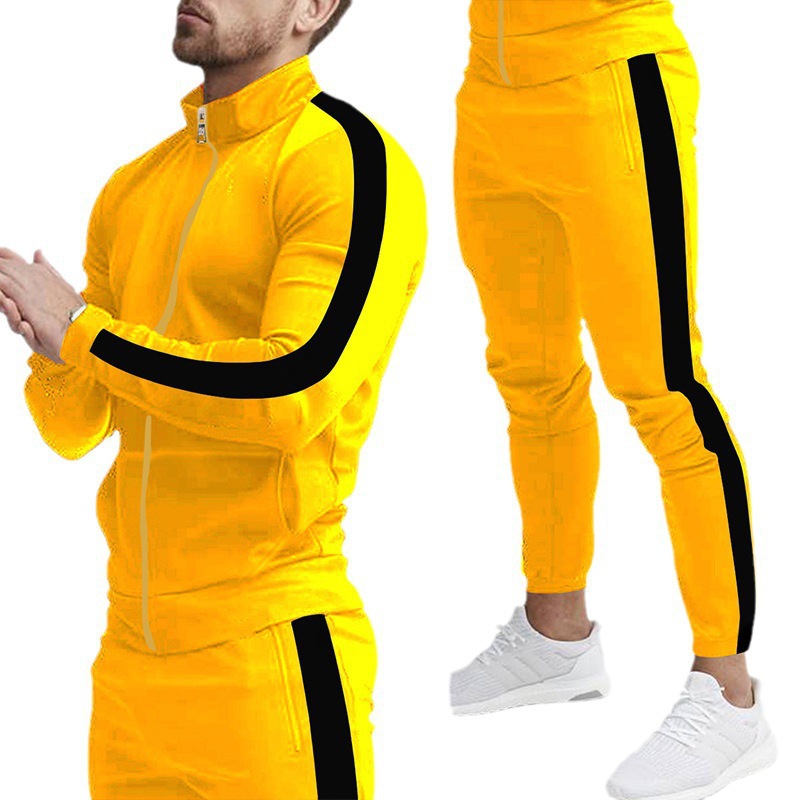 Spring and autumn new men's long-sleeved trousers leisure sports suit splicing stand collar slim.