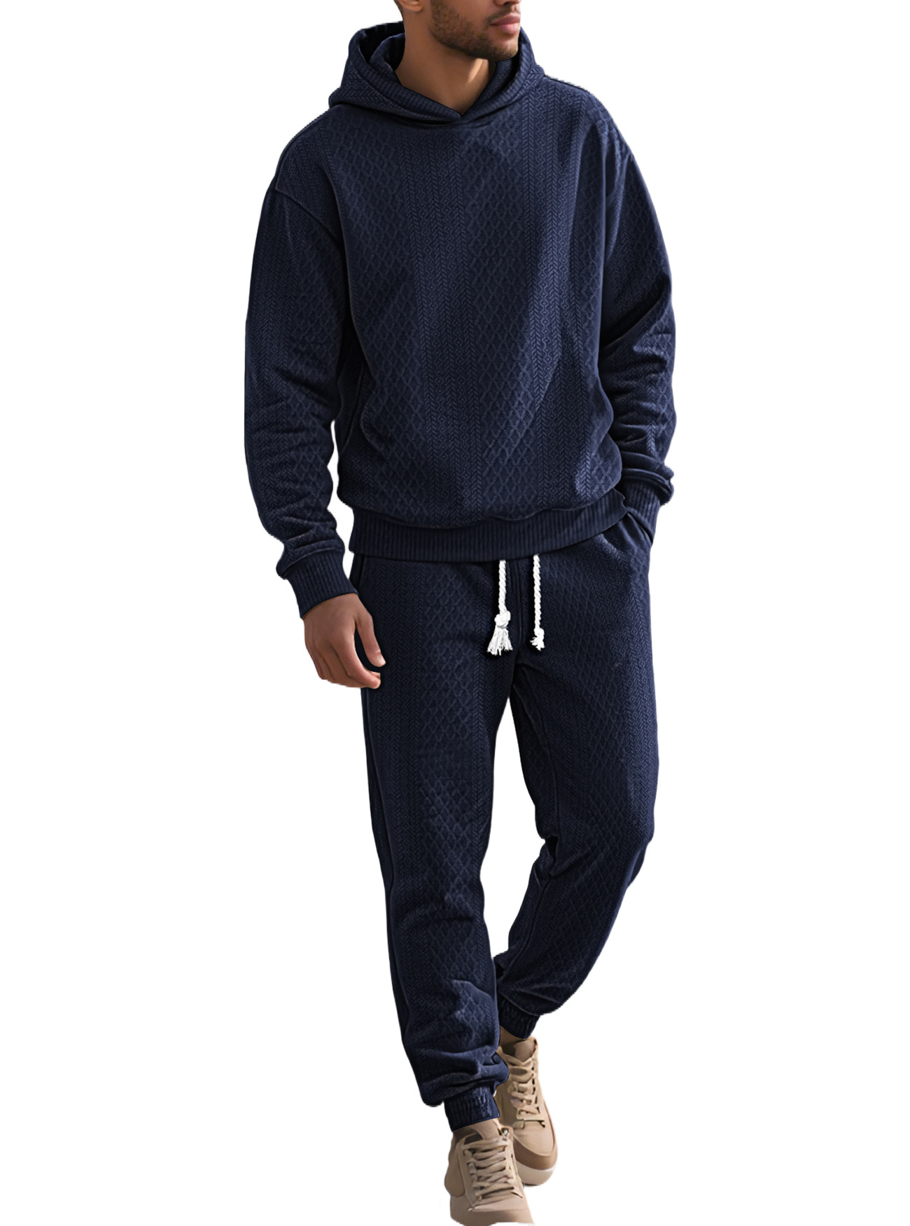 Men's spring and autumn loose leisure sports long sleeve trousers plus size Jacquard hooded sweater set