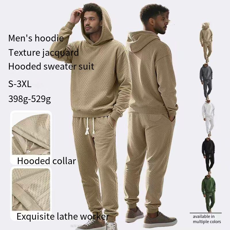 Men's spring and autumn loose leisure sports long sleeve trousers plus size Jacquard hooded sweater set