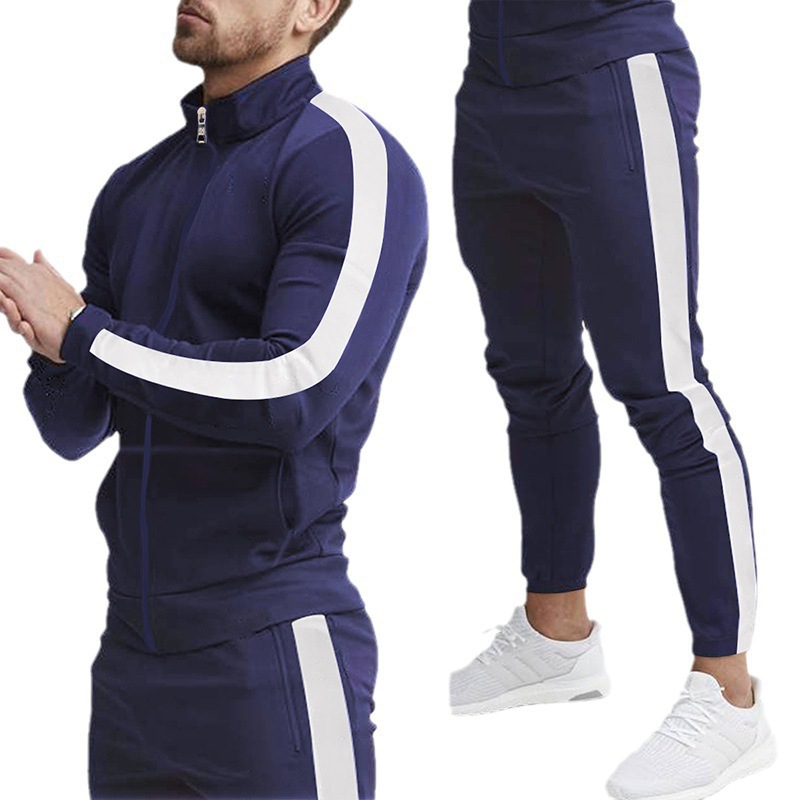 Spring and autumn new men's long-sleeved trousers leisure sports suit splicing stand collar slim.