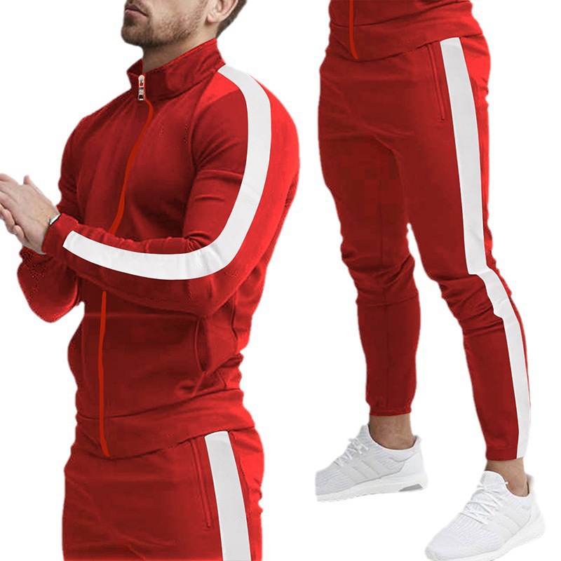 Spring and autumn new men's long-sleeved trousers leisure sports suit splicing stand collar slim.
