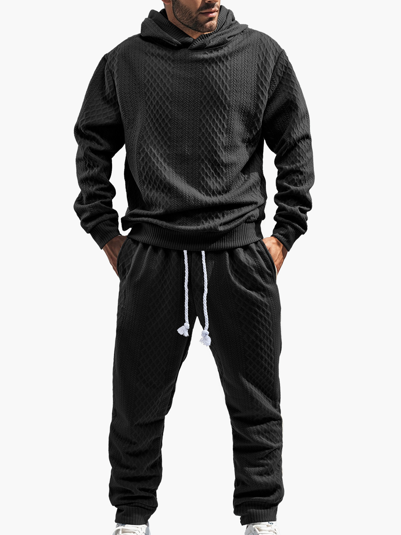 Men's spring and autumn loose leisure sports long sleeve trousers plus size Jacquard hooded sweater set