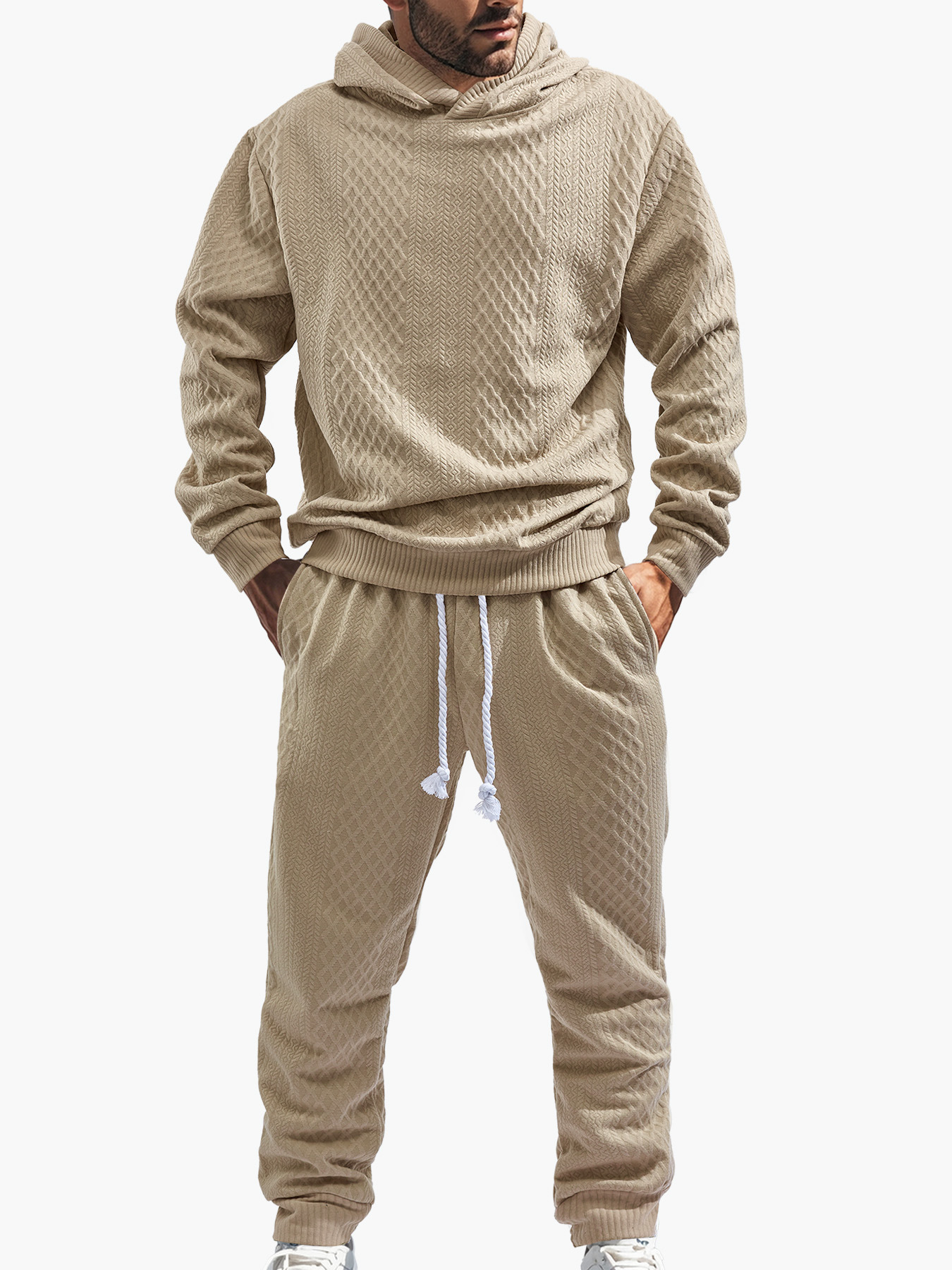 Men's spring and autumn loose leisure sports long sleeve trousers plus size Jacquard hooded sweater set