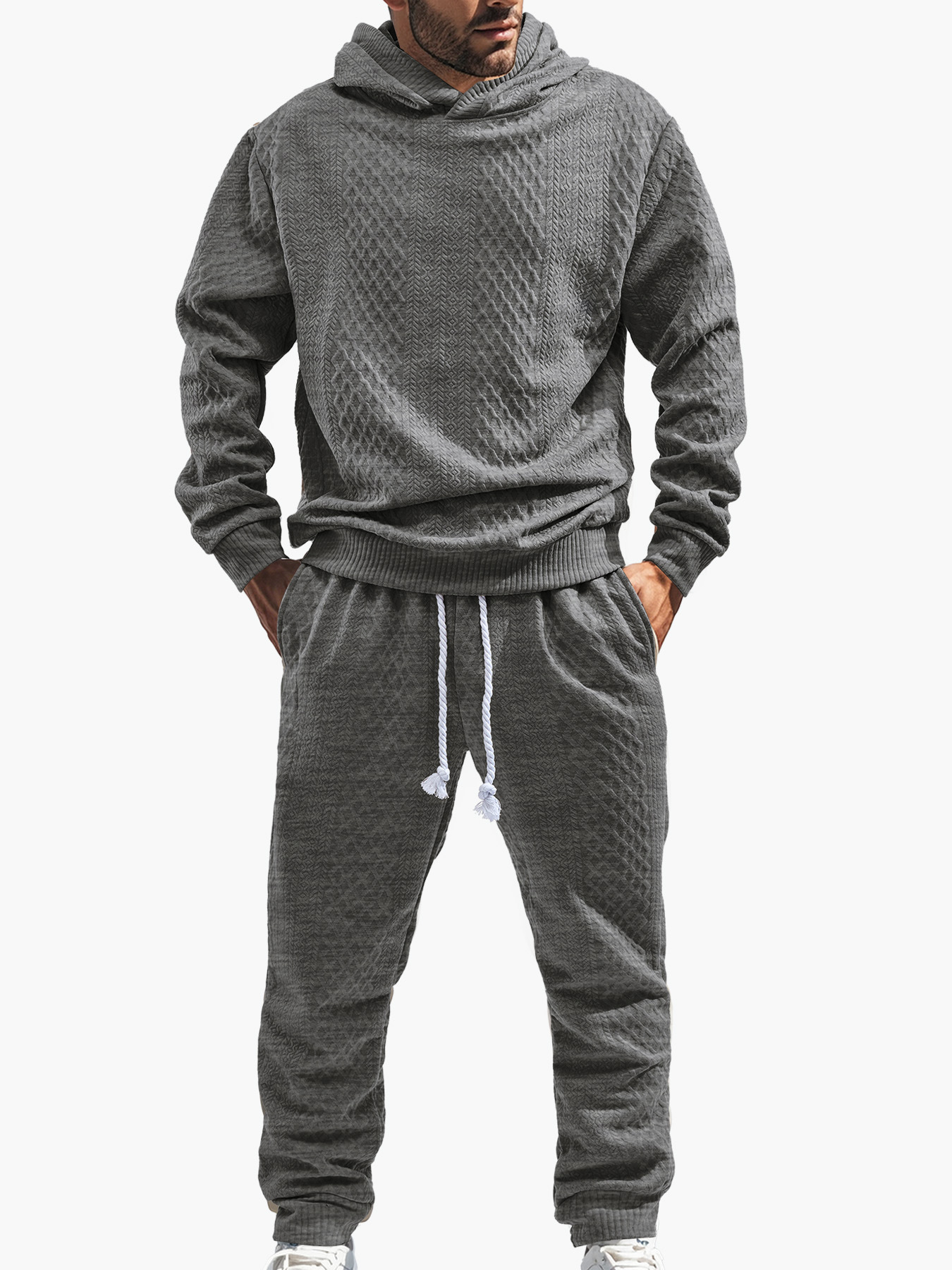 Men's spring and autumn loose leisure sports long sleeve trousers plus size Jacquard hooded sweater set