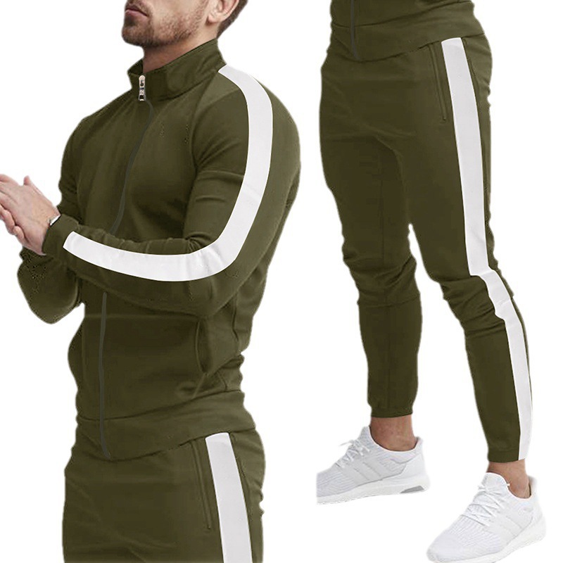 Spring and autumn new men's long-sleeved trousers leisure sports suit splicing stand collar slim.