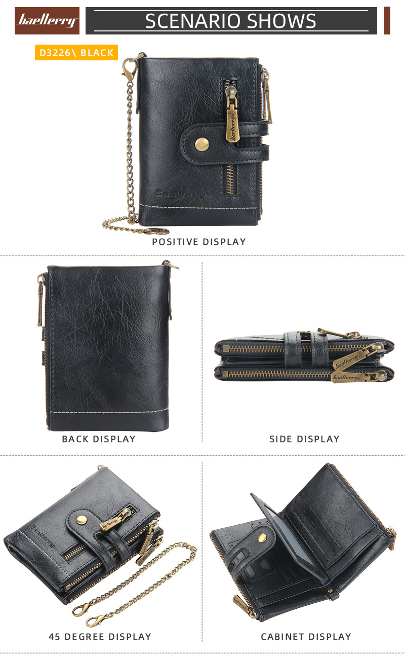 Baellerry Men's Short Wallet, Business PU Leather Purse with Double Zipper, Vintage Bifold Card Holder