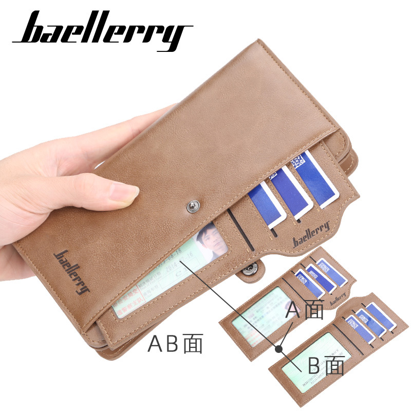 Men's Wallet:Baellerry Men's Long Vintage Crazy Horse Leather Wallet, Trifold Card Holder with Snap Closure, Multi-Card Organizer Purse
