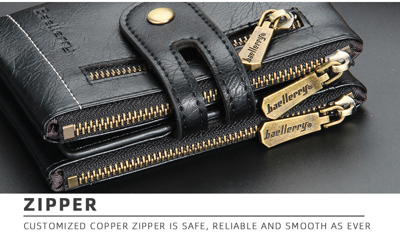 Baellerry Men's Short Wallet, Business PU Leather Purse with Double Zipper, Vintage Bifold Card Holder