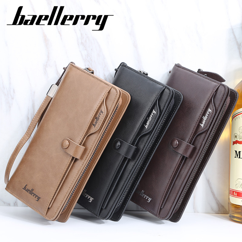Men's Wallet:Baellerry Men's Long Vintage Crazy Horse Leather Wallet, Trifold Card Holder with Snap Closure, Multi-Card Organizer Purse